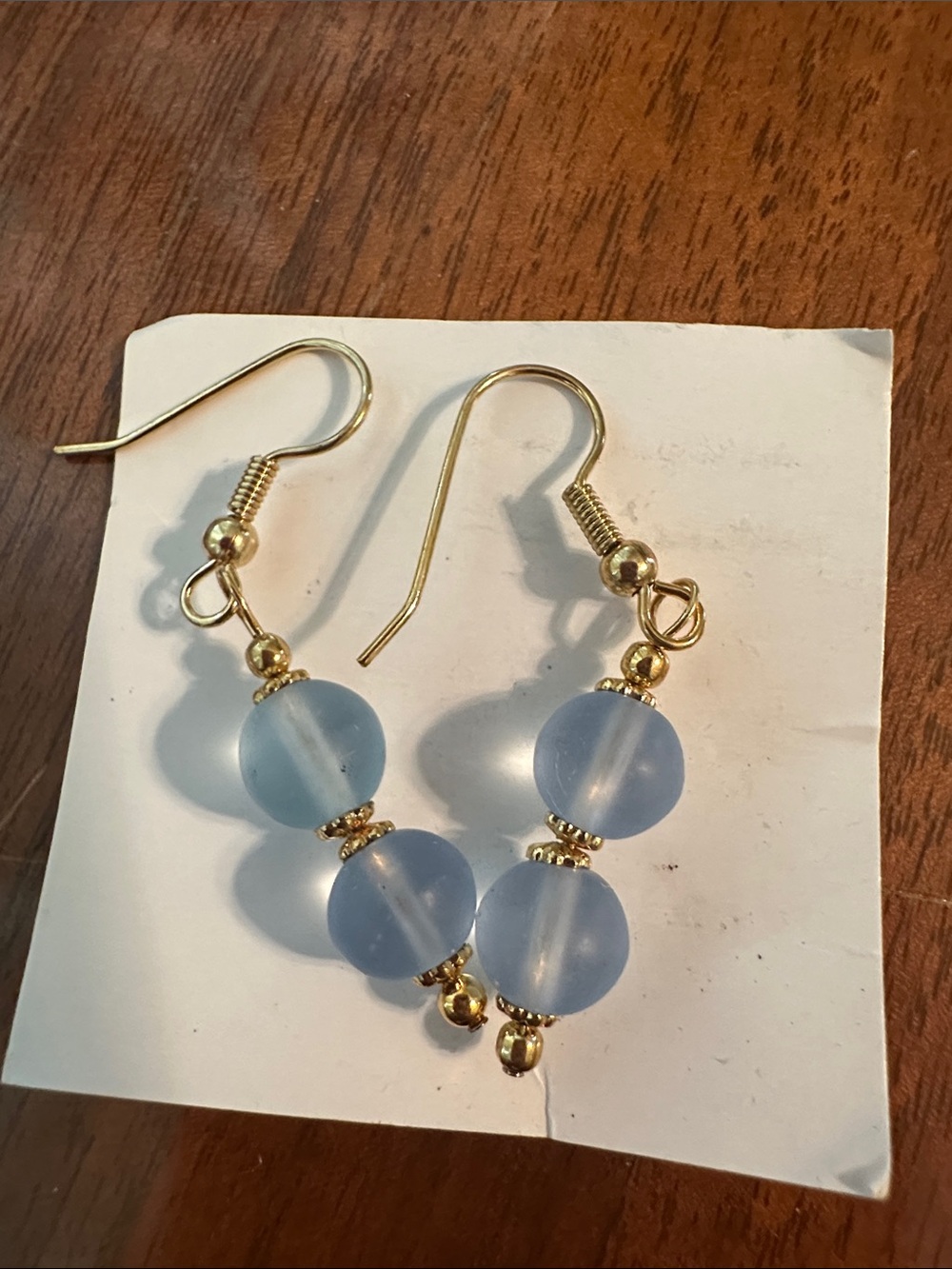 Frosted Light Blue Bead Drop Earrings with gold wires